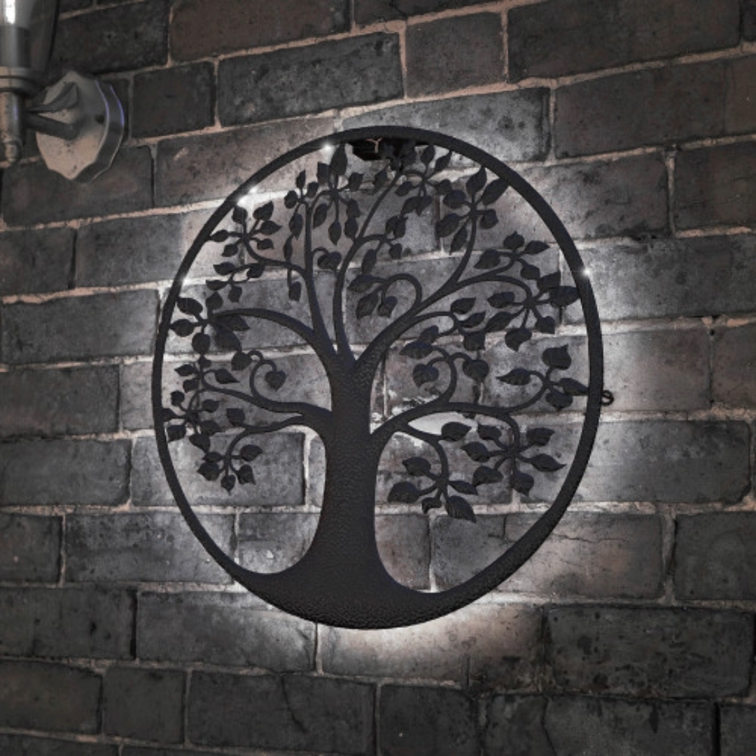 Solar Backlit Tree of Life Silhouette Wall Art - Outdoor Metal Garden Decor