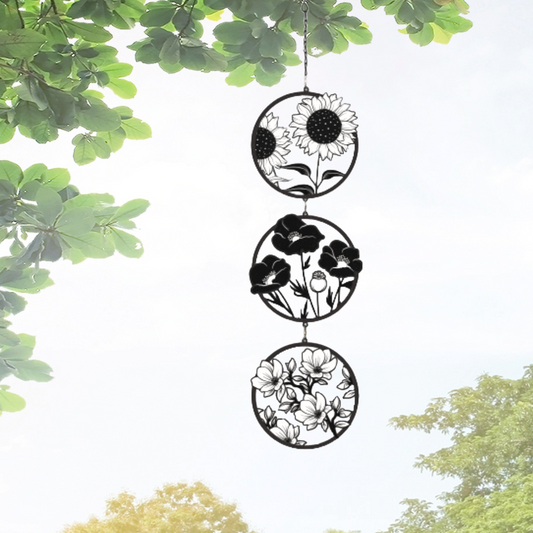 Floral Flower Hanging Silhouette Trio Spinner - Metal Black
