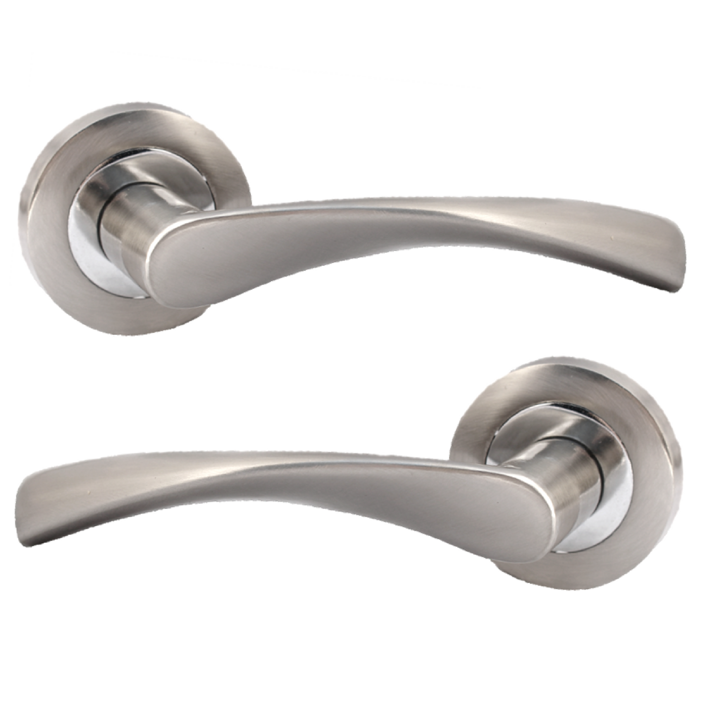 Astrid Door Handles Latch & Hinges Twist Lever on Rose - Satin Chrome 120mm