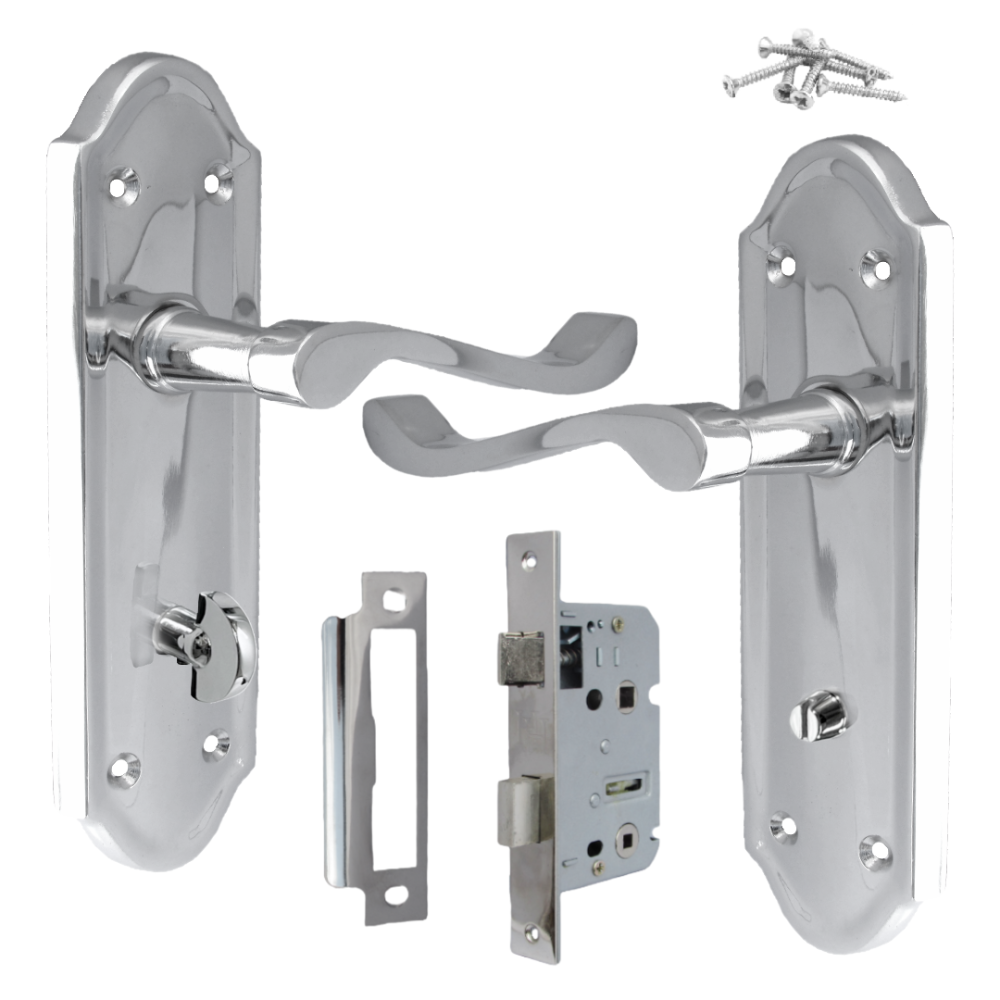 Ashford Door Handle Bathroom Lock Scroll Lever - Chrome Bath Pack