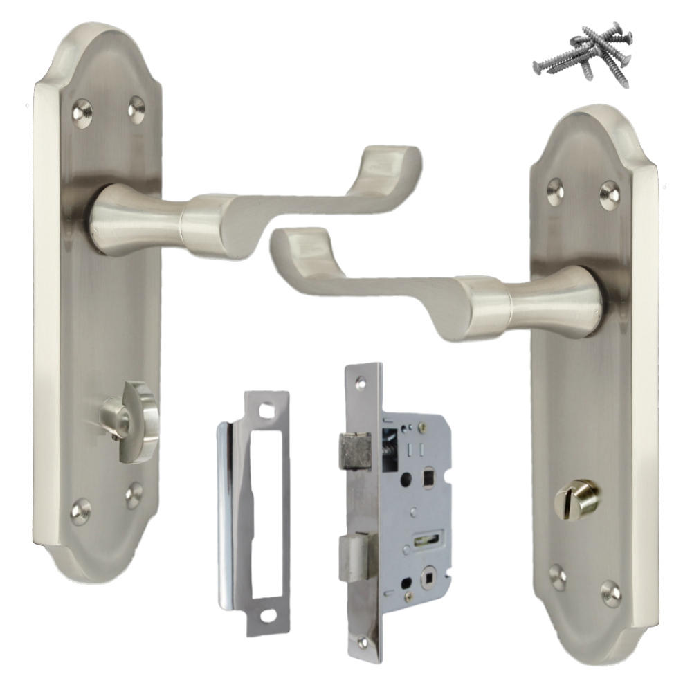 Ashford Door Handle Bathroom Lock Scroll Lever - Satin Bath Pack