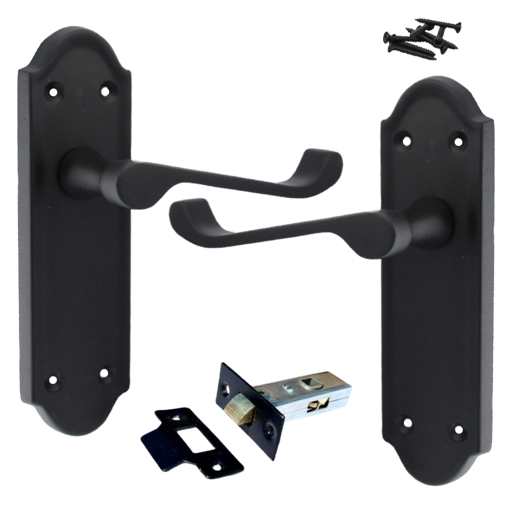 Ashford Door Handle Latch Scroll Lever - Matt Black Latch Pack