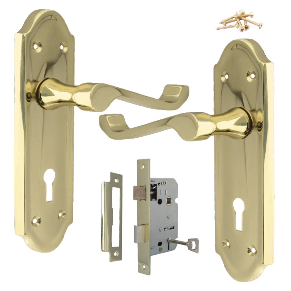 Ashford Door Handle Key Lock Scroll Lever - Polished Brass Key Lock Pack