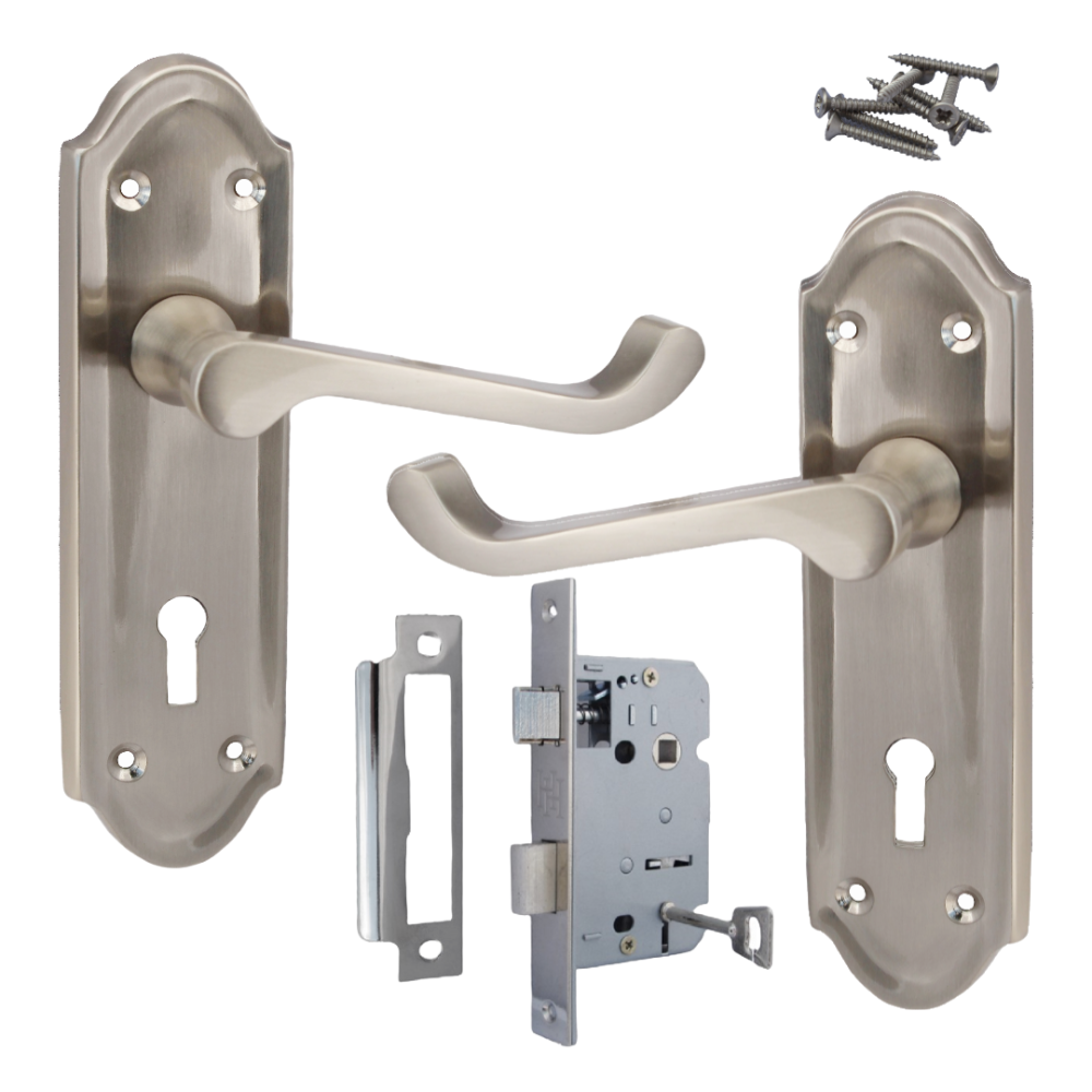 Ashford Door Handle Key Lock Scroll Lever - Satin Key Lock Pack