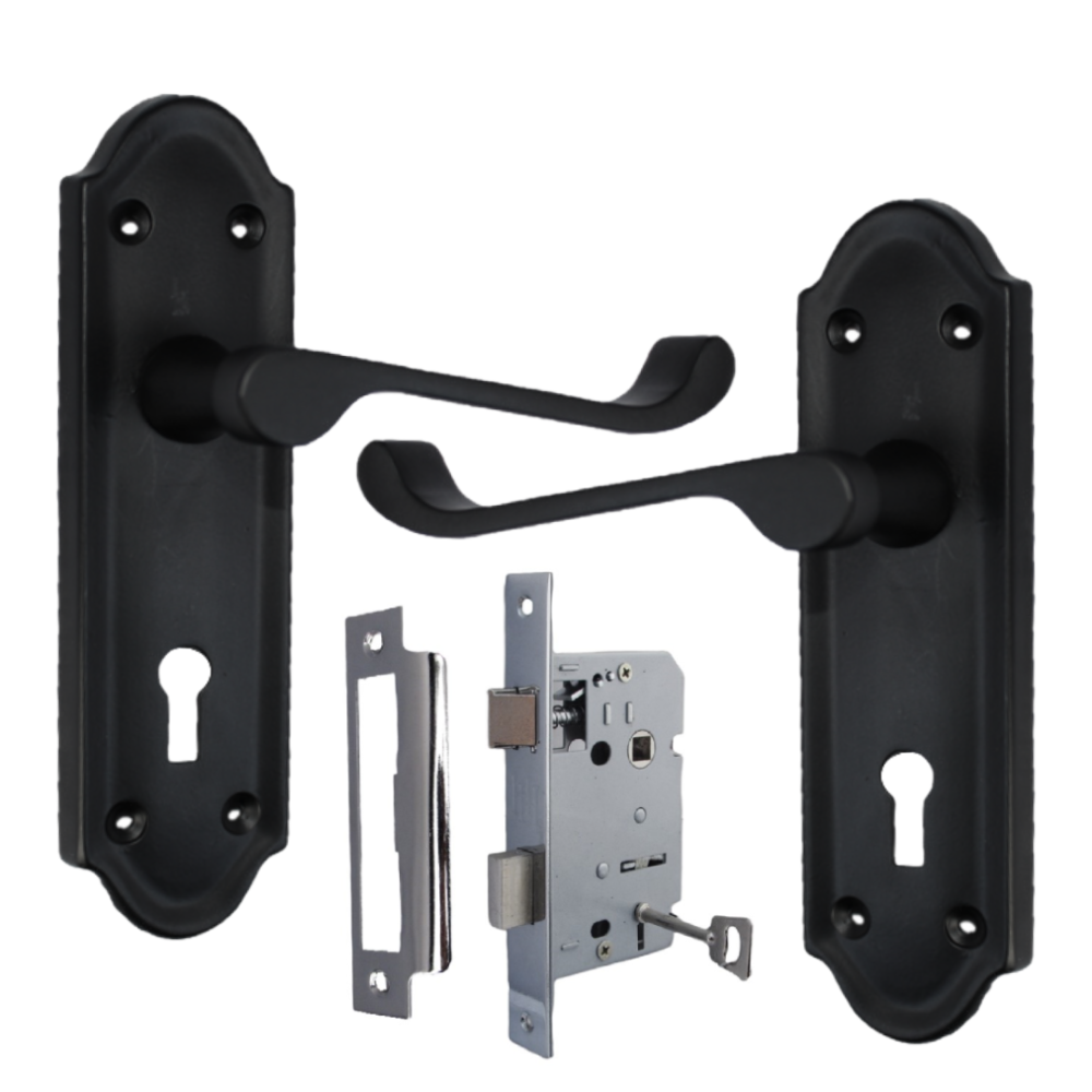 Ashford Door Handle Key Lock Scroll Lever - Matt Black Chrome Key Lock Pack