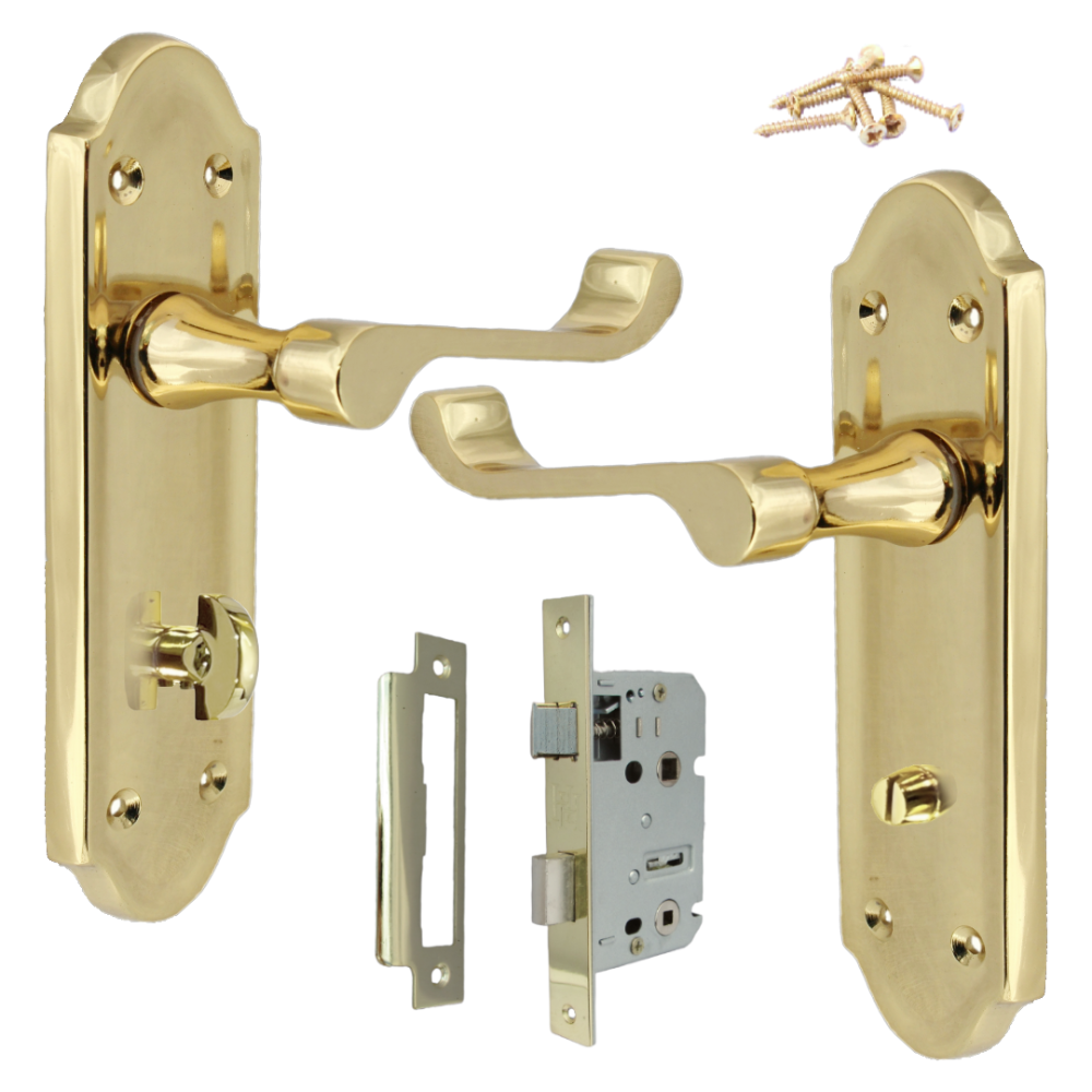 Ashford Door Handle Bathroom Lock Scroll Lever - Polished Brass Bath Pack
