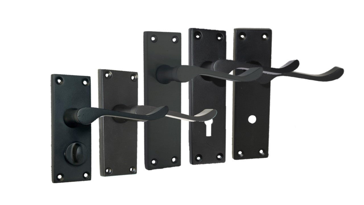 Modern Victorian Scroll Matt black Door Handles Bath Lock Latch Privacy