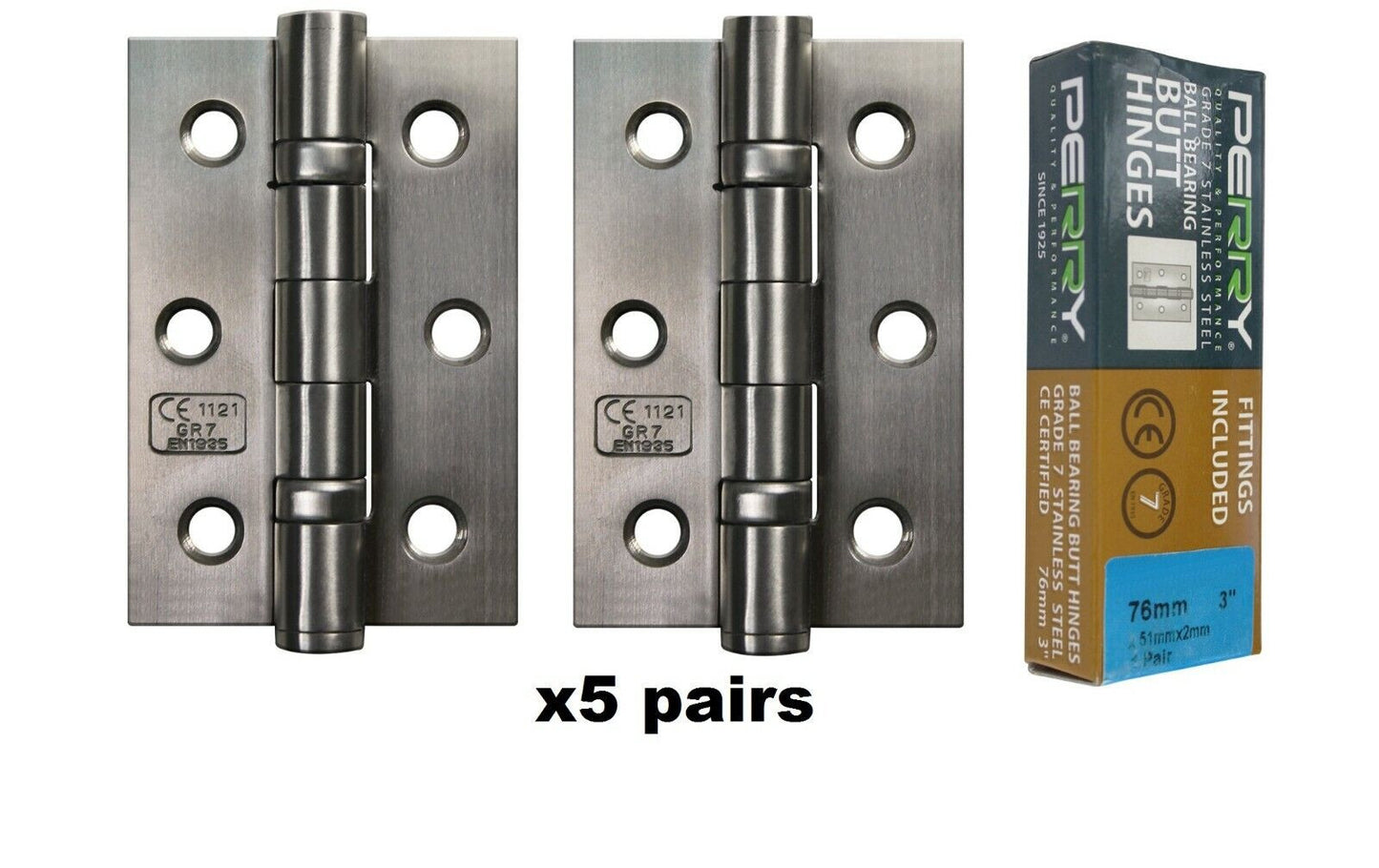 PERRY SATIN 75mm Stainless Steel Ball Bearing Butt Hinges Grade 7 CE Marked D7