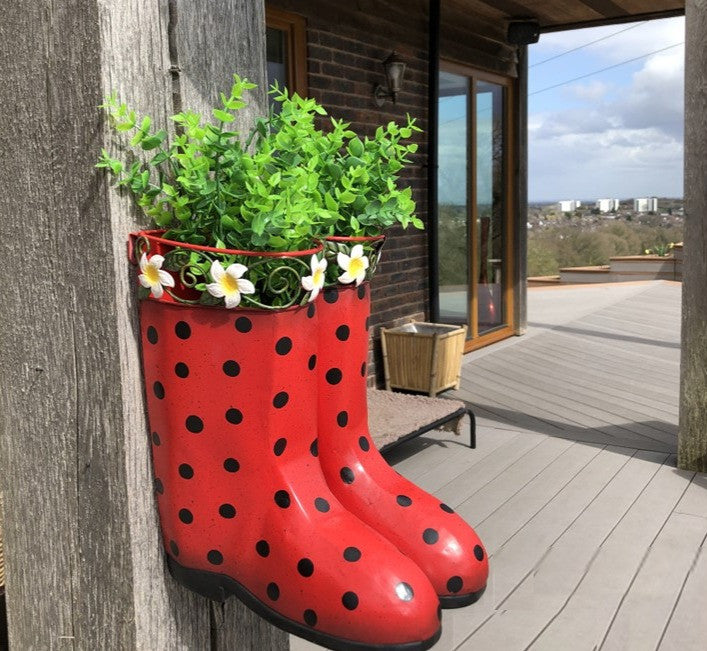 Pair of Wellies Metal Planter - Red