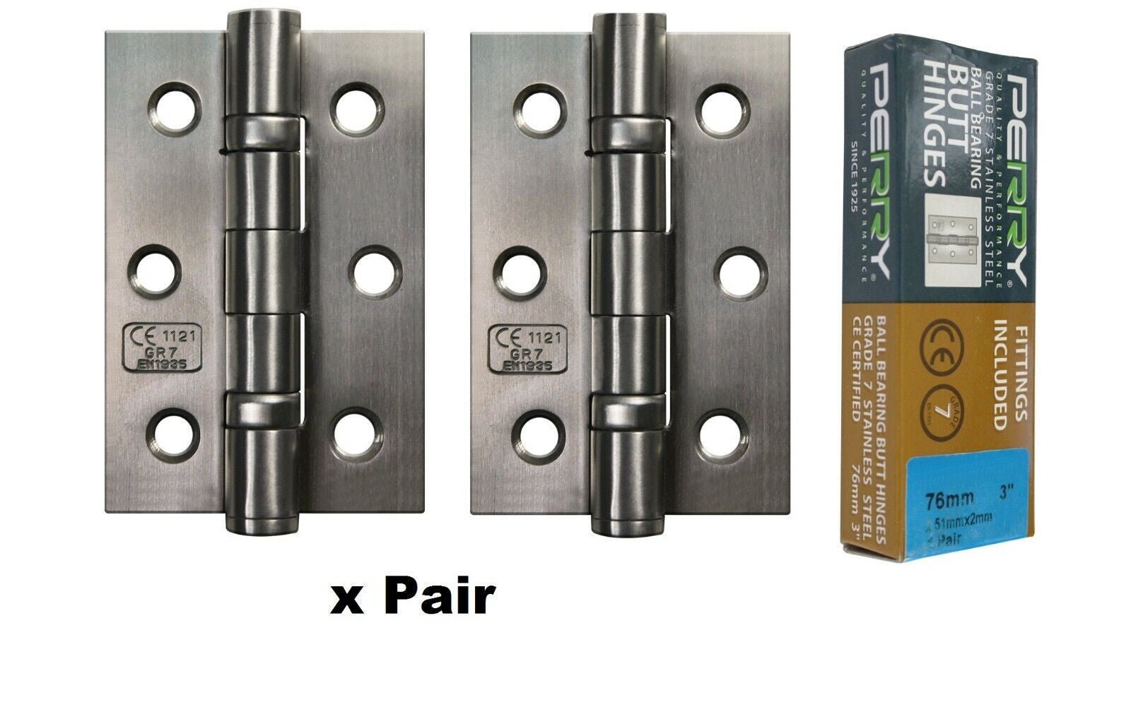 PERRY SATIN 75mm Stainless Steel Ball Bearing Butt Hinges Grade 7 CE Marked D7