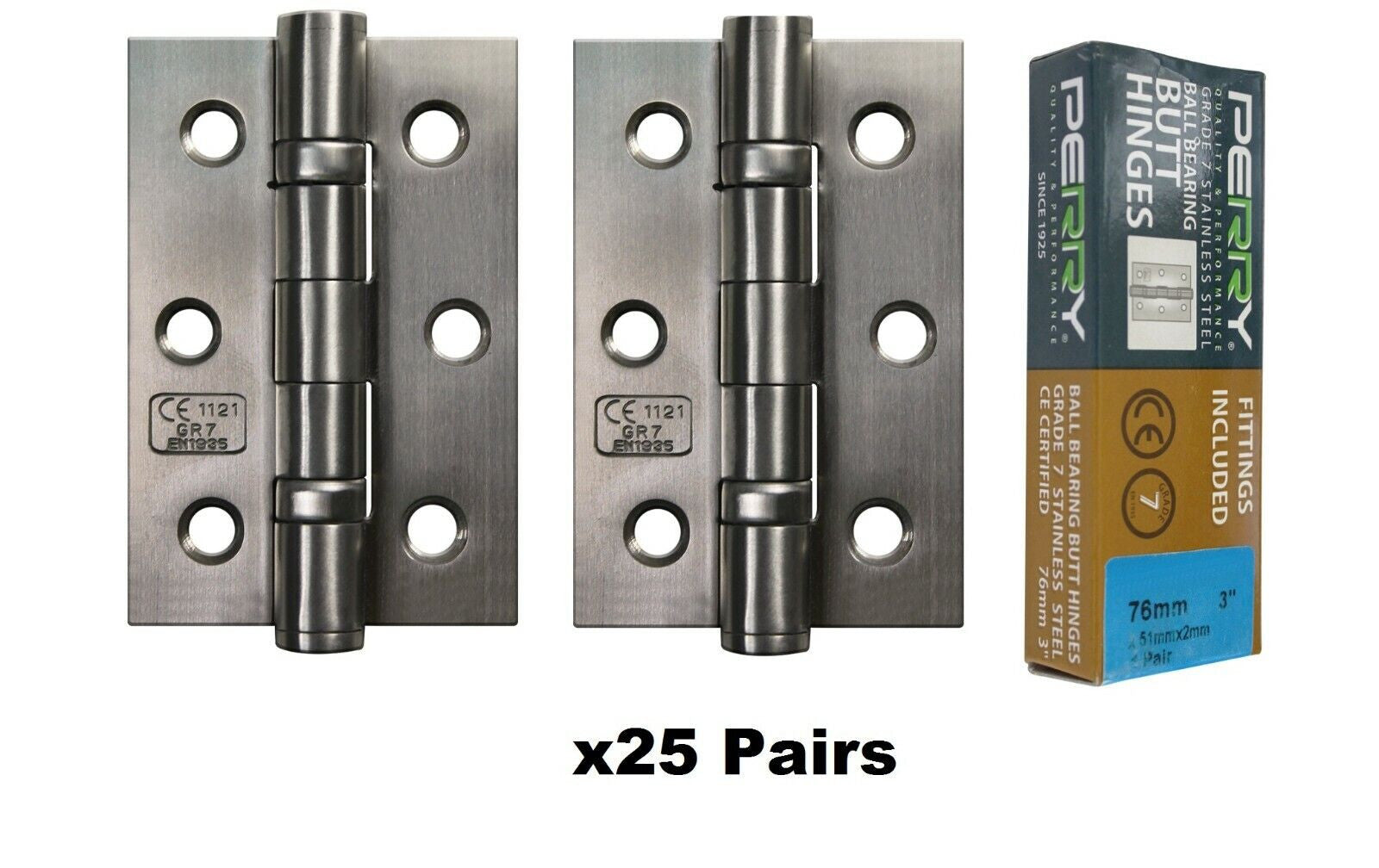PERRY SATIN 75mm Stainless Steel Ball Bearing Butt Hinges Grade 7 CE Marked D7