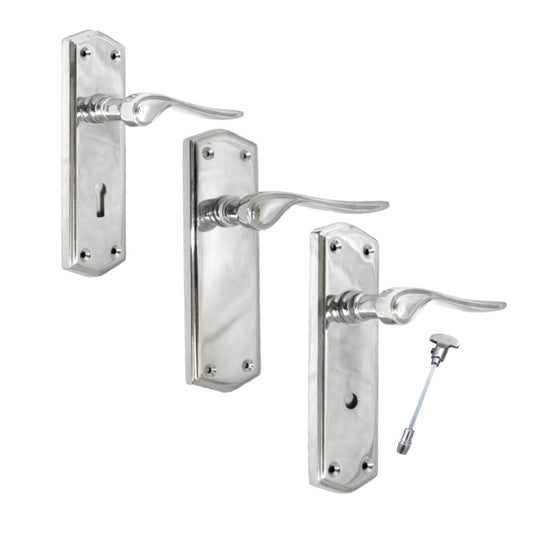 Polished Chrome Stellar Door Handles On Backplate Latch Lock Bathroom Handles