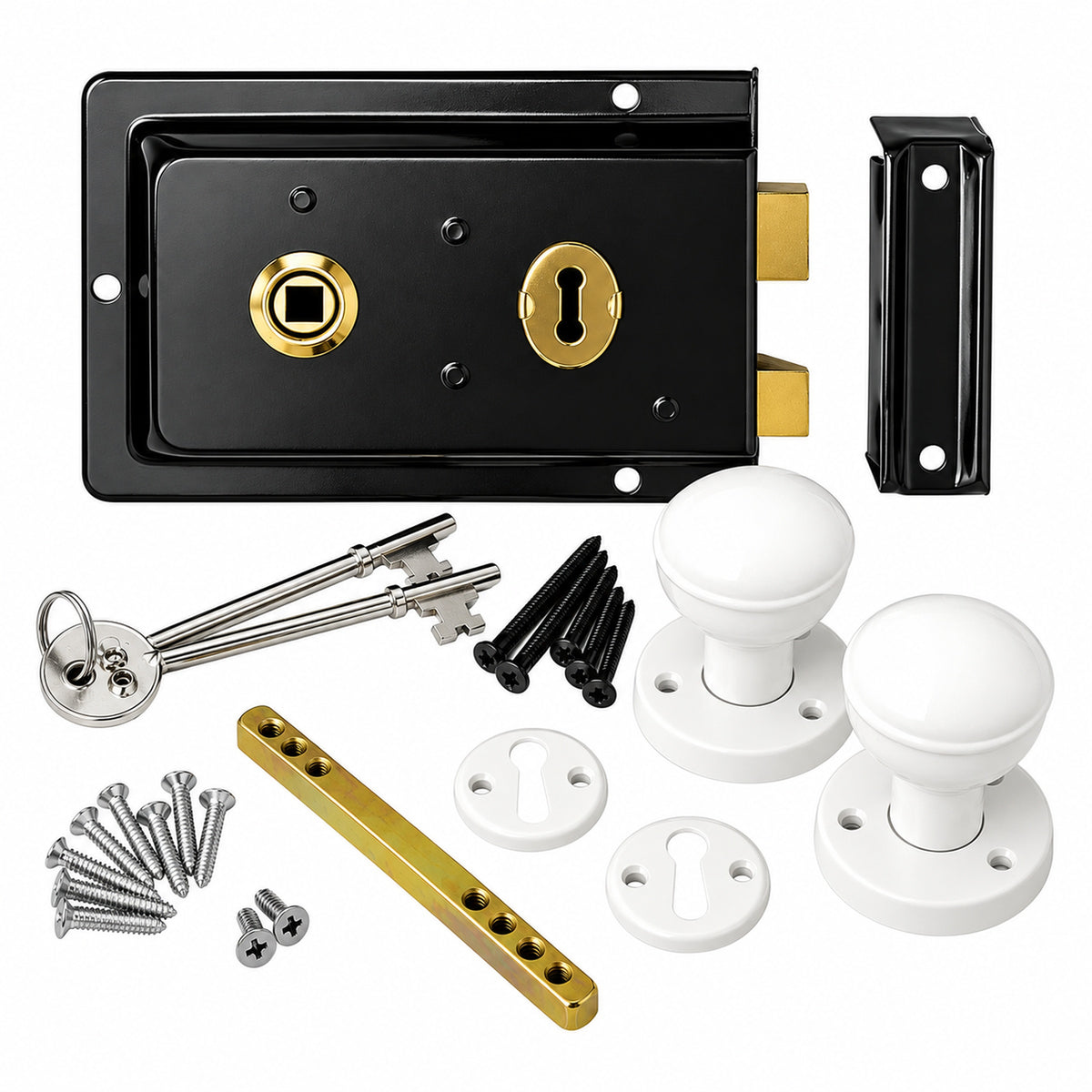 Traditional Rim Lock and White Knob Set 152mm x 102mm product image 1