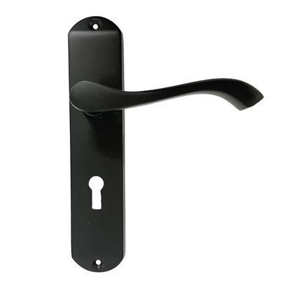 Cadenza Door Handles on Backplate Matt Black Scroll Lock Handle
