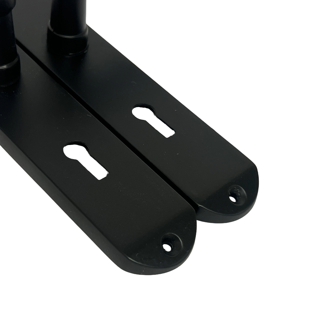 Cadenza Door Handles on Backplate Matt Black Scroll Lock Handle