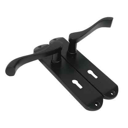 Cadenza Door Handles on Backplate Matt Black Scroll Lock Handle
