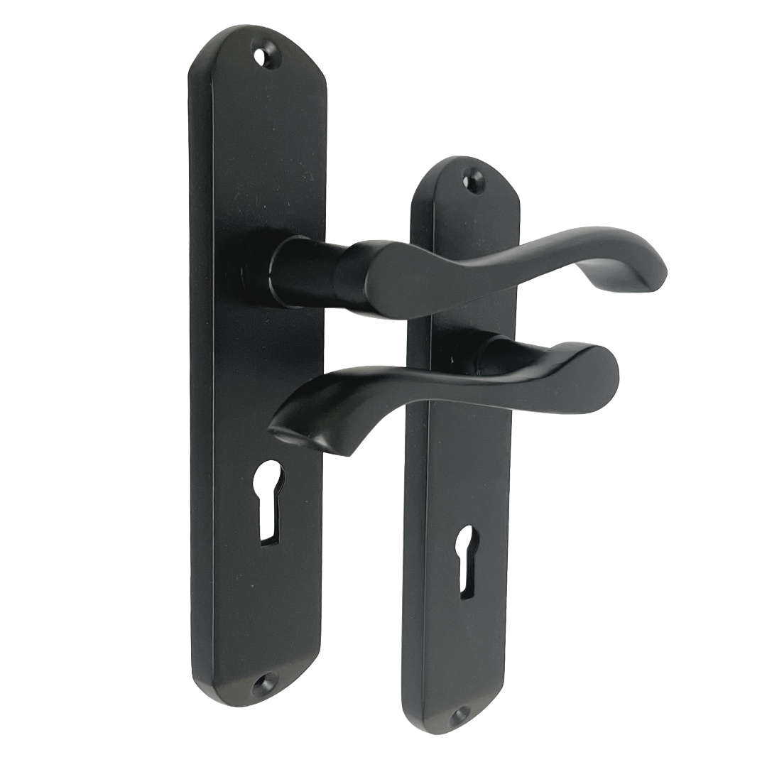 Cadenza Door Handles on Backplate Matt Black Scroll Lock Handle