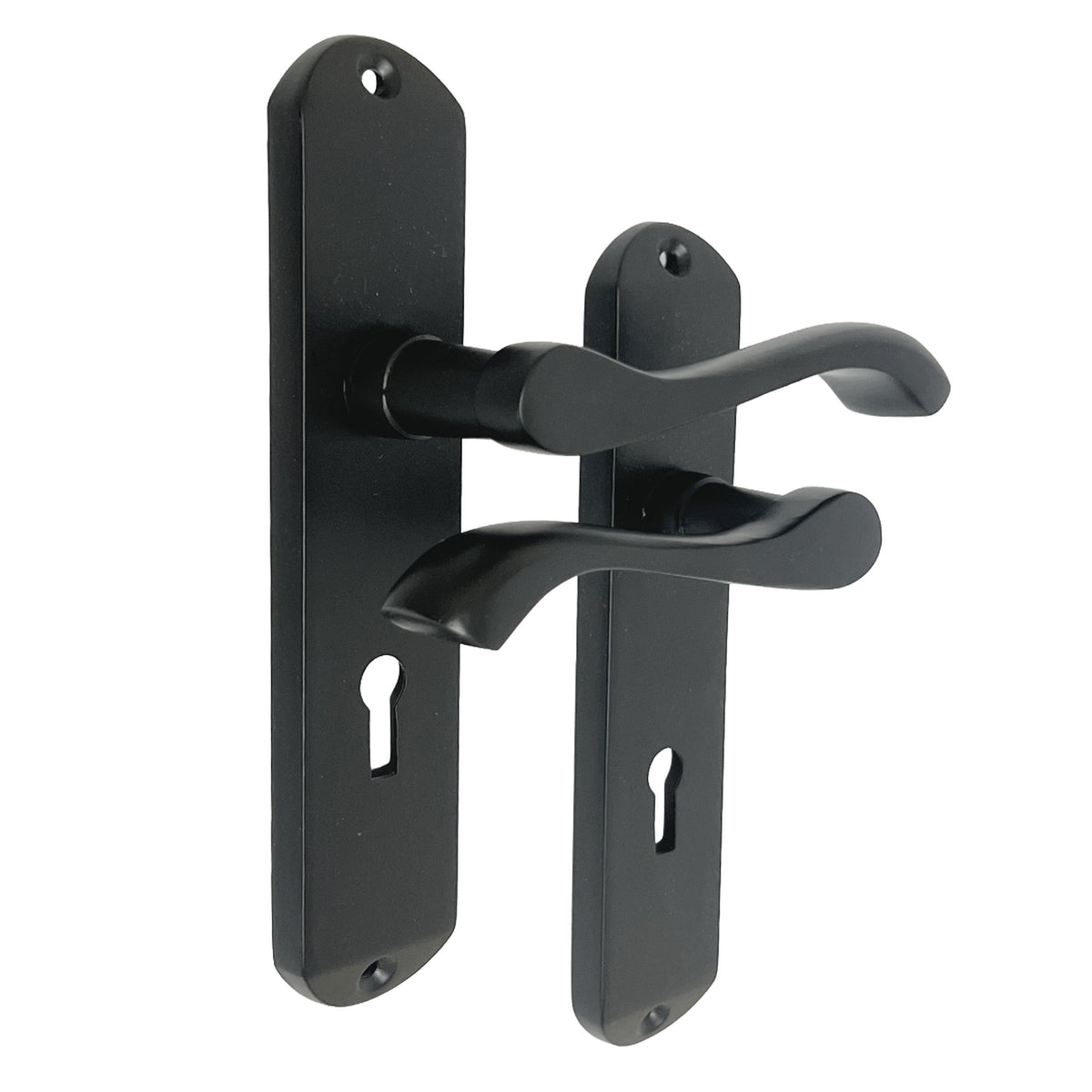 Marketplace JPG companion for Cadenza Door Handles on Backplate Matt Black Scroll Sash Lock Set