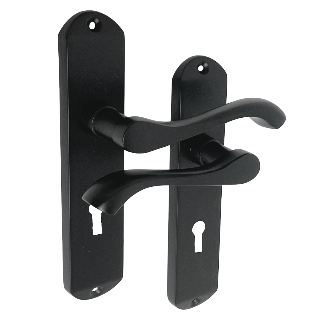 Cadenza Door Handles on Backplate Matt Black Scroll Lock Handle