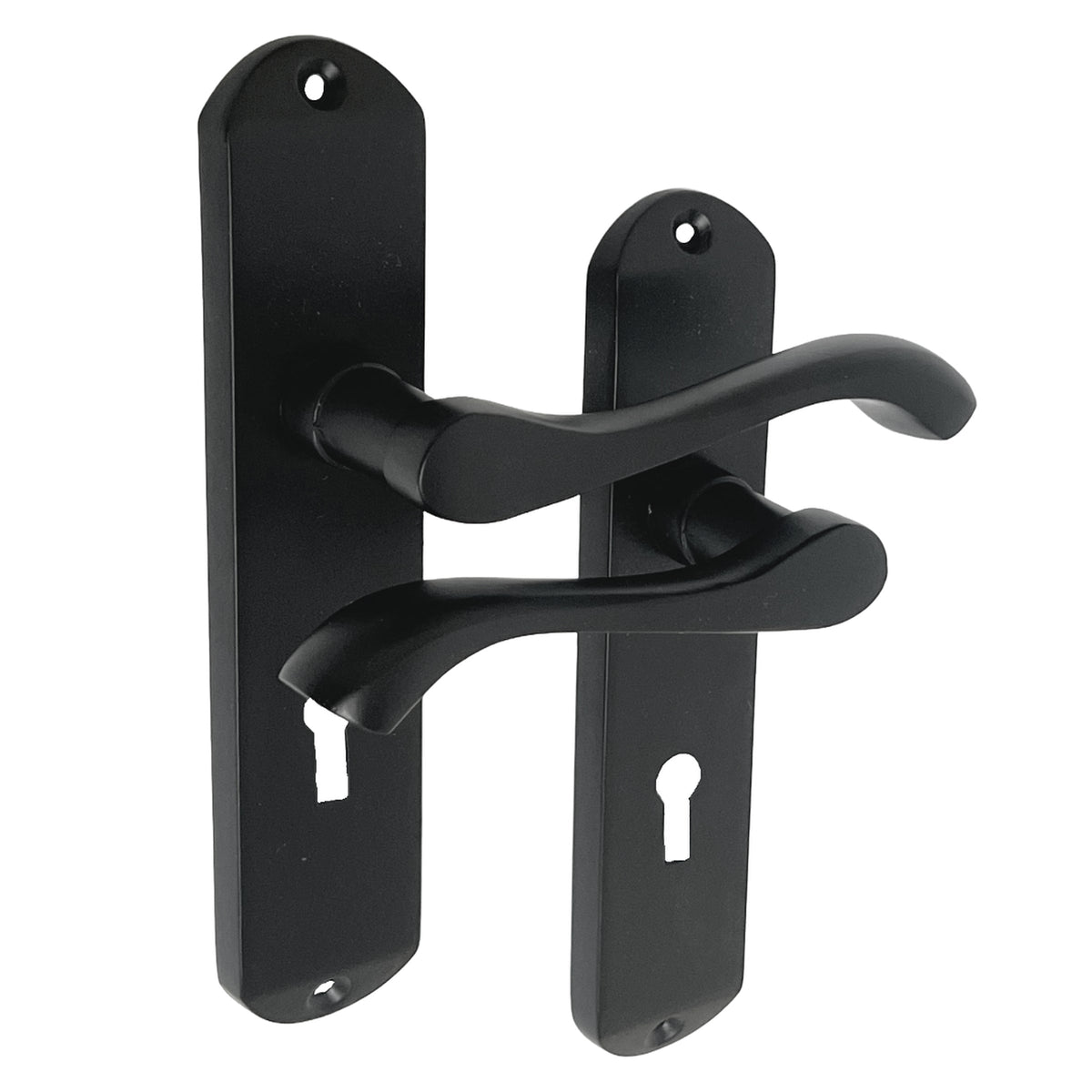 Marketplace JPG companion for Cadenza Door Handles on Backplate Matt Black Scroll Lock Handle - 178mm X 38mm
