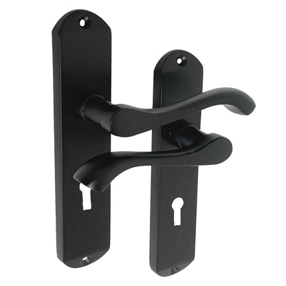 Marketplace JPG companion for Cadenza Door Handles on Backplate Matt Black Scroll Lock Handle - 178mm X 38mm