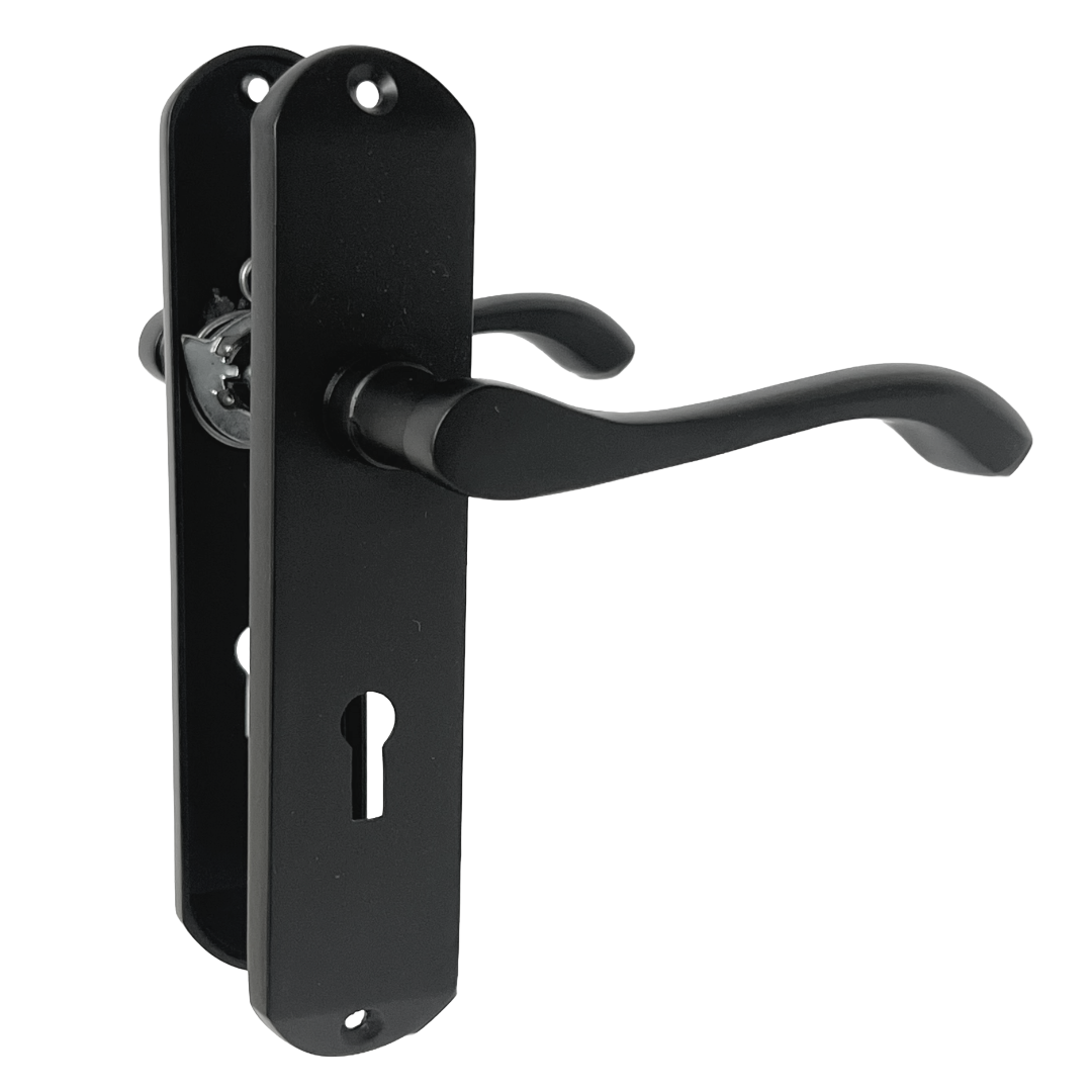 Cadenza Door Handles on Backplate Matt Black Scroll Lock Handle