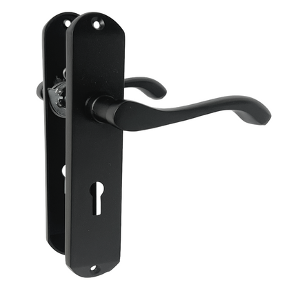 Cadenza Door Handles on Backplate Matt Black Scroll Lock Handle