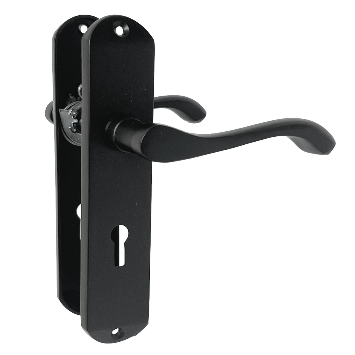 Marketplace JPG companion for Cadenza Door Handles on Backplate Matt Black Scroll Lock Handle - 178mm X 38mm