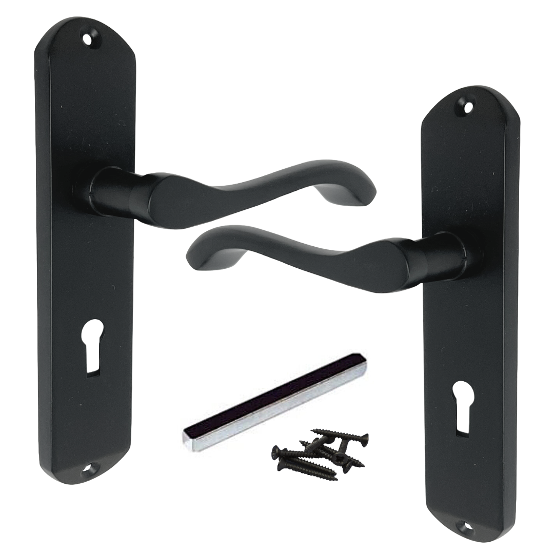Cadenza Door Handles on Backplate Matt Black Scroll Lock Handle