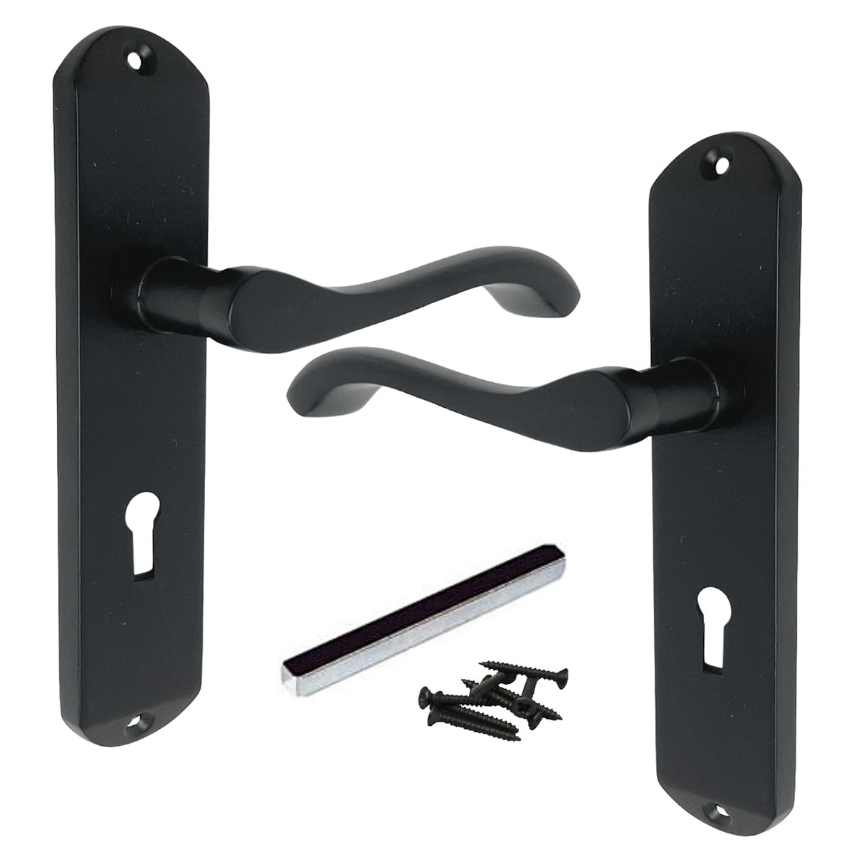Marketplace JPG companion for Cadenza Door Handles on Backplate Matt Black Scroll Lock Handle - 178mm X 38mm