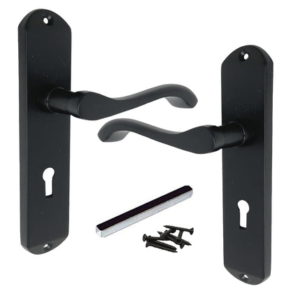 Marketplace JPG companion for Cadenza Door Handles on Backplate Matt Black Scroll Lock Handle - 178mm X 38mm