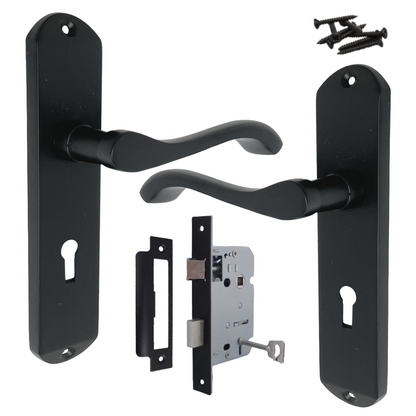 Cadenza Door Handles on Backplate Matt Black Scroll Sash Lock Set