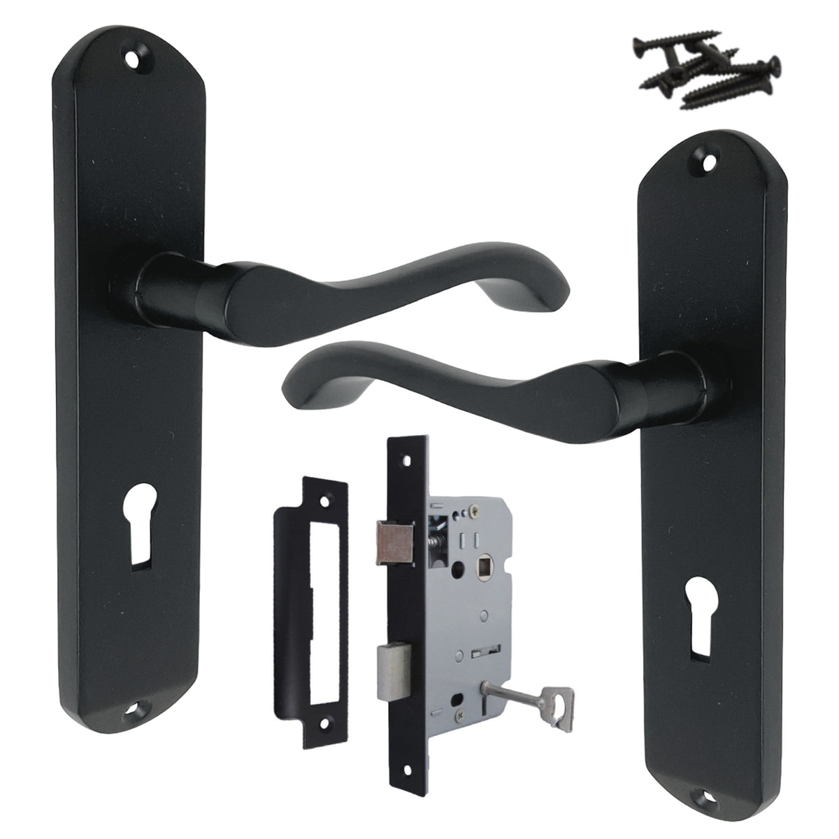 Marketplace JPG companion for Cadenza Door Handles on Backplate Matt Black Scroll Sash Lock Set