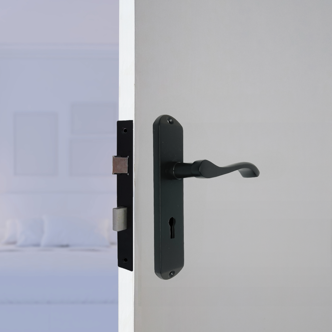 Cadenza Door Handles on Backplate Matt Black Scroll Lock Handle