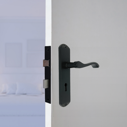 Cadenza Door Handles on Backplate Matt Black Scroll Lock Handle