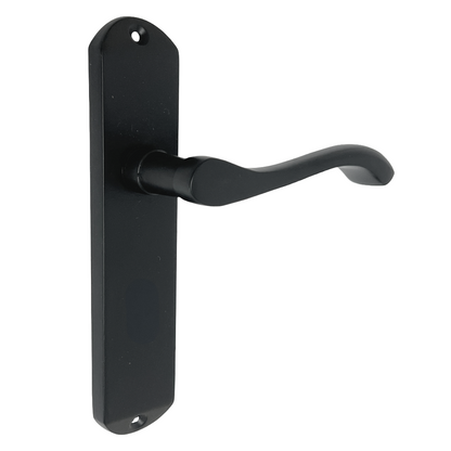 Cadenza Door Handles on Backplate Matt Black Scroll Tubular Latch Set