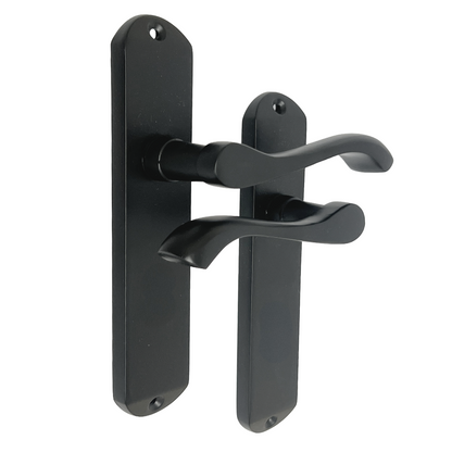 Cadenza Door Handles on Backplate Matt Black Scroll Tubular Latch Set
