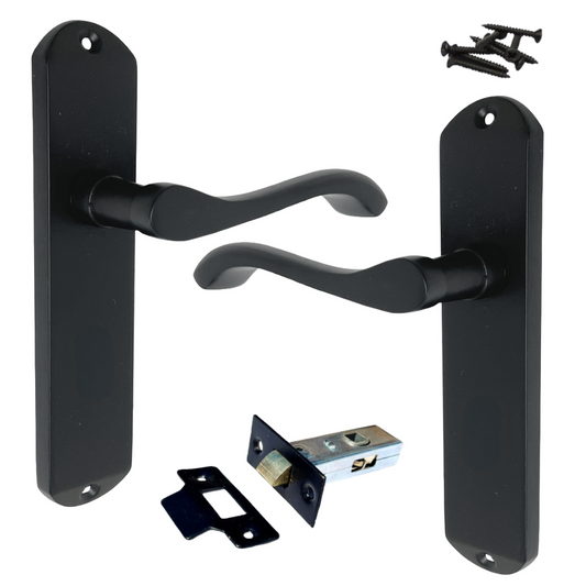 Cadenza Door Handles on Backplate Matt Black Scroll Tubular Latch Set