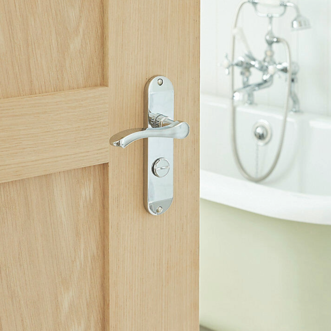 Cadenza Door Handles on Backplate Chrome Scroll Bathroom Lock Handle