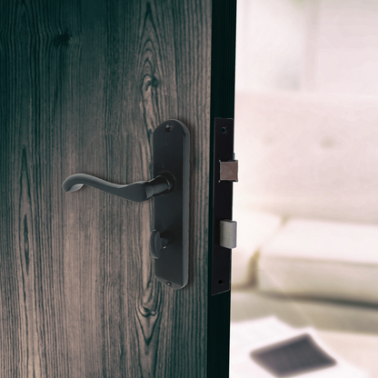 Cadenza Door Handles on Backplate Matt Black Scroll Bathroom Lock Handle