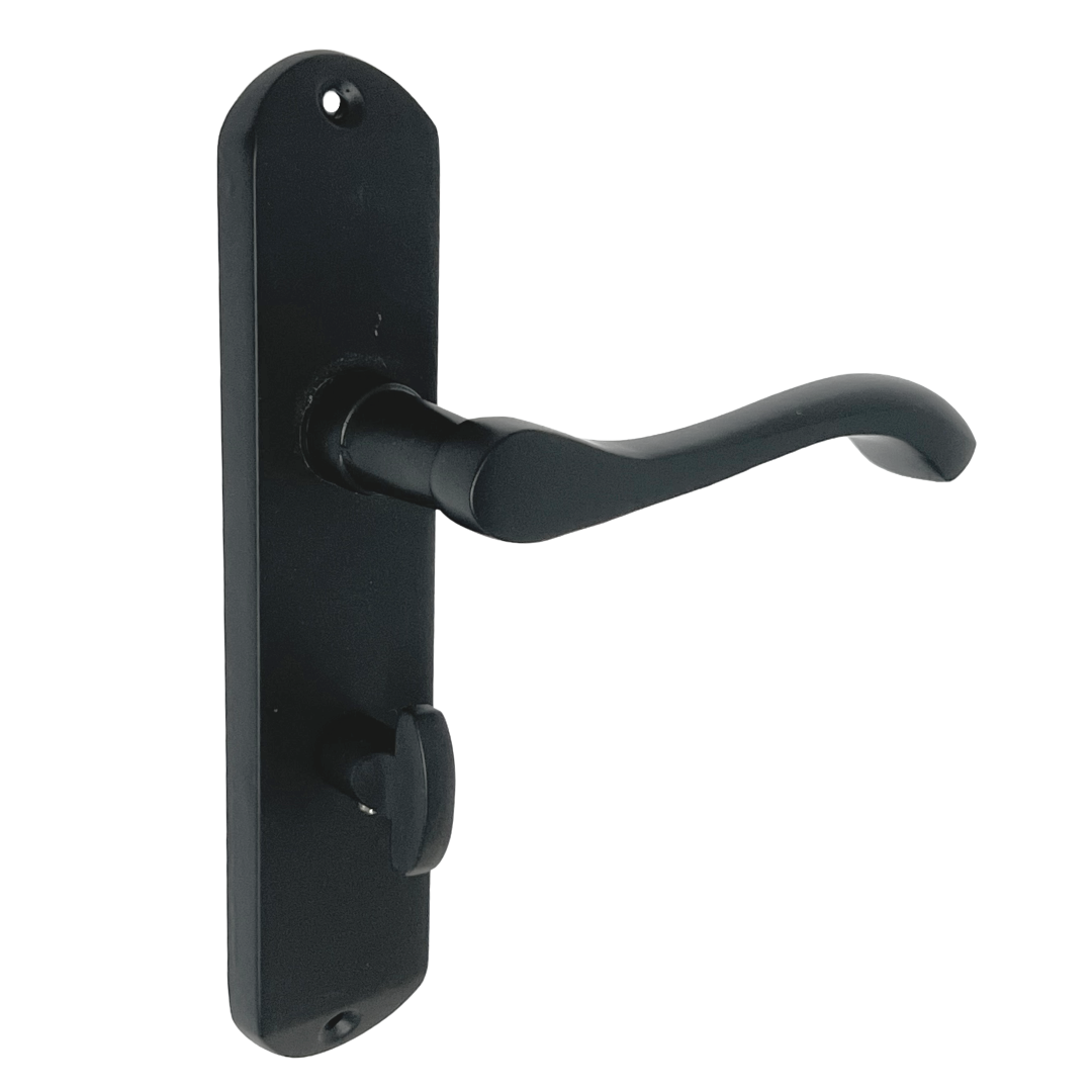 Cadenza Door Handles on Backplate Matt Black Scroll Bathroom Lock Handle