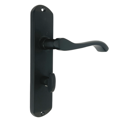 Cadenza Door Handles on Backplate Matt Black Scroll Bathroom Lock Handle