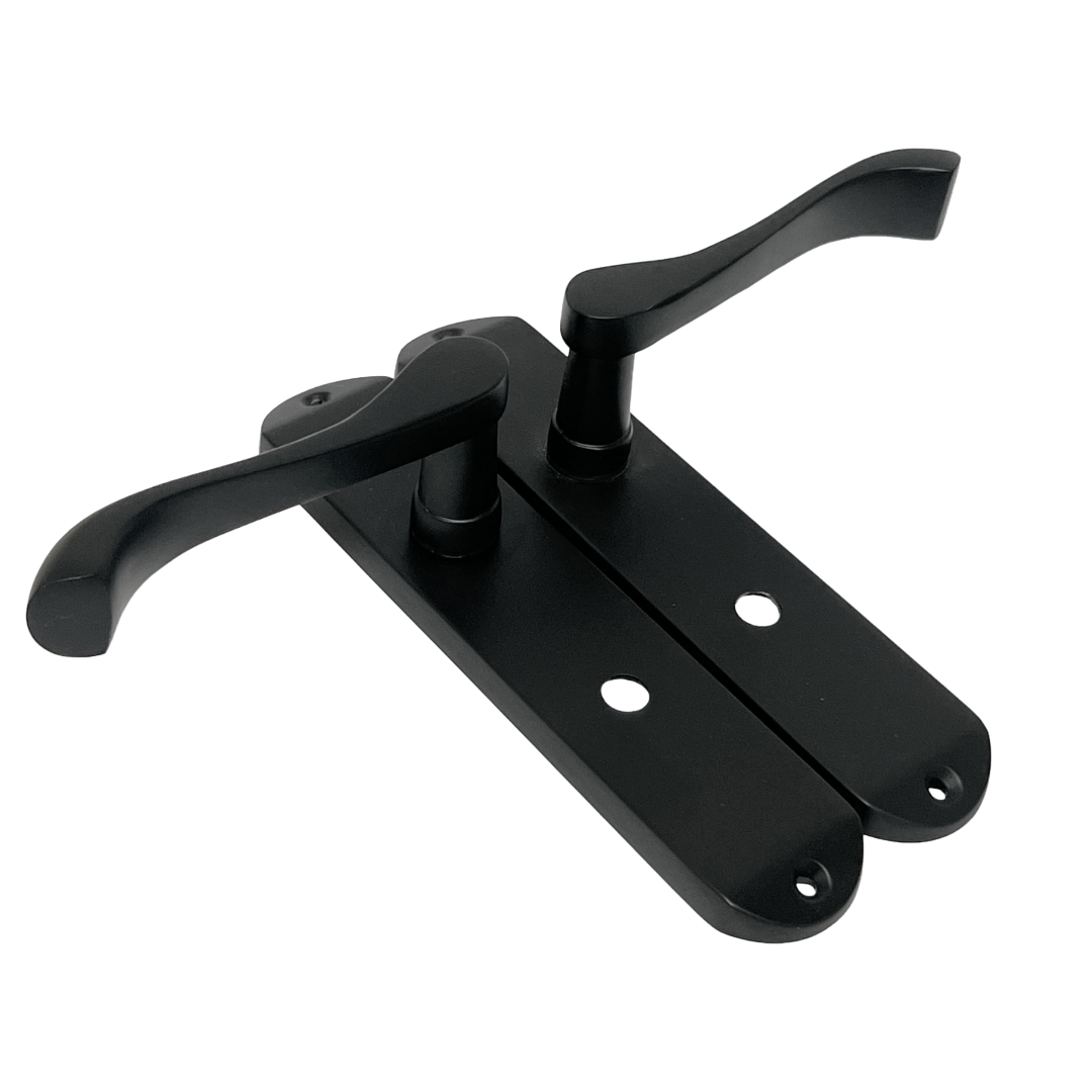 Cadenza Door Handles on Backplate Matt Black Scroll Bathroom Lock Handle