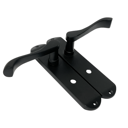 Cadenza Door Handles on Backplate Matt Black Scroll Bathroom Lock Handle