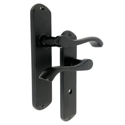 Cadenza Door Handles on Backplate Matt Black Scroll Bathroom Lock Handle
