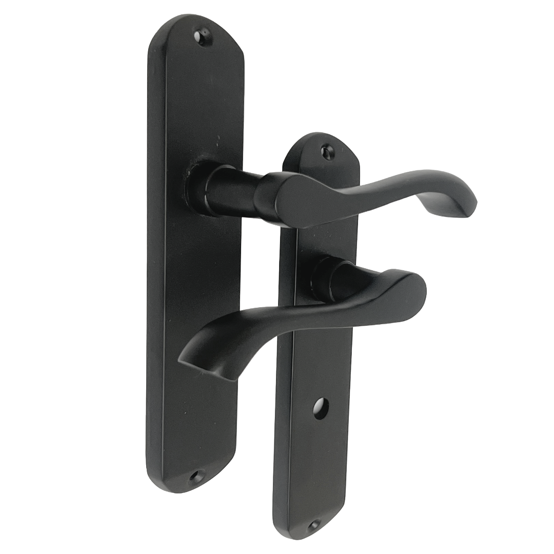 Cadenza Door Handles on Backplate Matt Black Scroll Bathroom Lock Handle