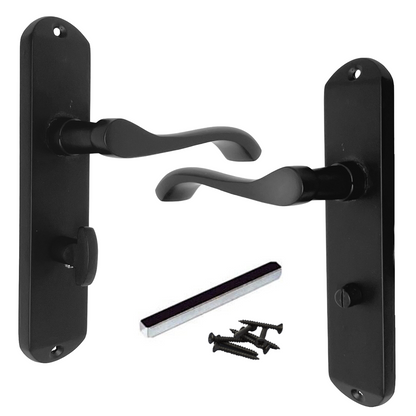 Cadenza Door Handles on Backplate Matt Black Scroll Bathroom Lock Handle