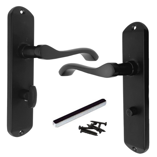 Cadenza Door Handles on Backplate Matt Black Scroll Bathroom Lock Handle