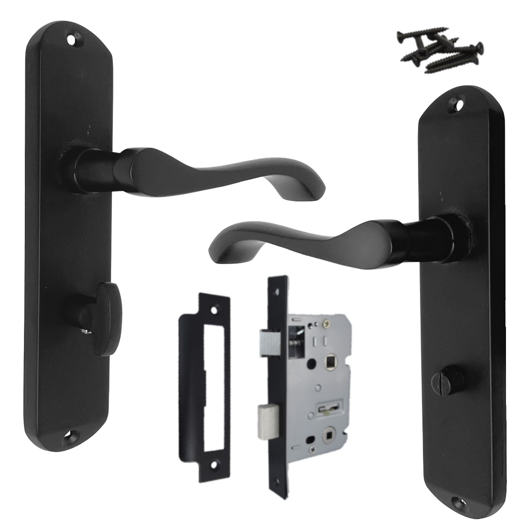 Cadenza Door Handles on Backplate Matt Black Scroll Bathroom Lock Set