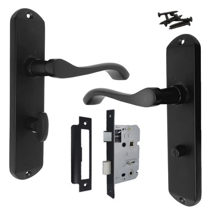 Cadenza Door Handles on Backplate Matt Black Scroll Bathroom Lock Set